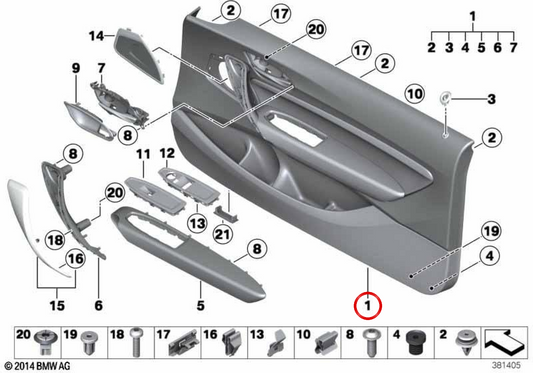 Porte intérieure en cuir avant gauche OEM 51417285385 pour BMW F20, F21, F22, F23. BMW d'origine.