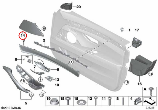 Grade de alto-falante direito OEM 51417359300 para BMW F10, F11, F18. BMW genuíno.
