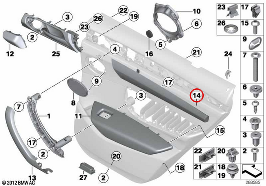 Moldura embellecedora de puerta madera Fineline derecha OEM 51417367220 para BMW F25, F26. Original BMW.