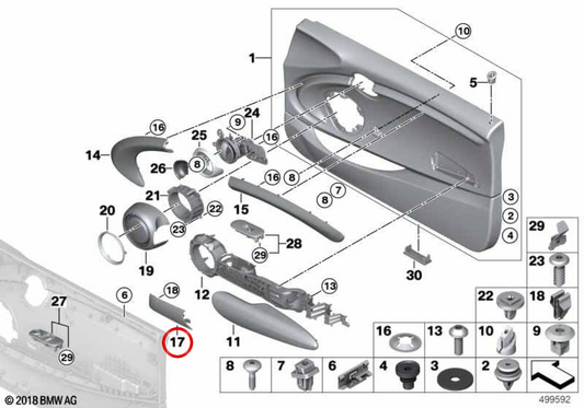 Interior right door handle molding OEM 51417385668 for MINI F56, F56 LCI, Cabrio F57, Cabrio F57 LCI. Original MINI.