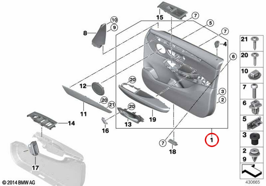 Panel de puerta delantero derecho OEM 51417404804 para BMW F45 y F46. Original BMW.