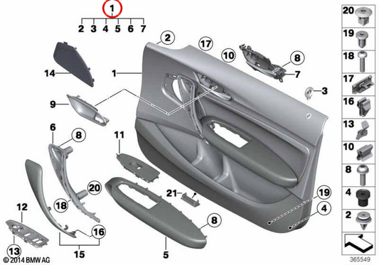 Painel da porta dianteira esquerda com estofamento em tecido OEM 51417409903 para BMW F20. BMW genuíno.