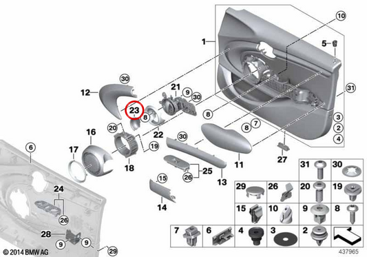 Front door handle screw cover OEM 51417419626 for MINI F56, F55, Clubman F54, Cabrio F57, Countryman F60... and more. Original MINI.