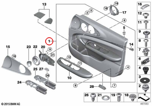 Rivestimento porta anteriore sinistra OEM 51417463297 per MINI Clubman F54, F54 LCI in grigio satellite. MINI originale.
