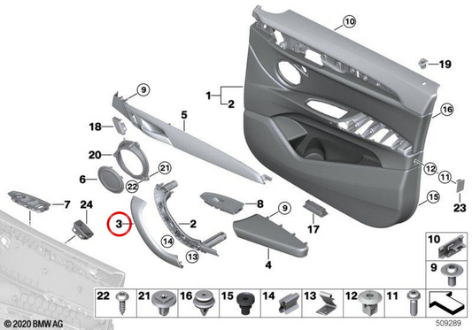 Embelnte per il tiratore della porta destra OEM 51417468714 per BMW F39. BMW originale.