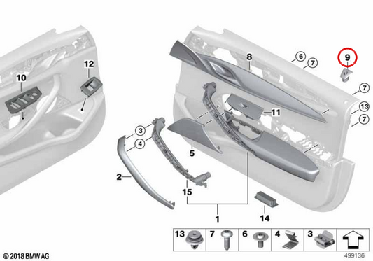 Copertura di Embelloe del pulsante di chiusura destra 51417489388 per BMW F90, G30, G31, G38. BMW originale.