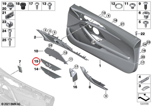 Marco interruptor elevalunas izquierdo OEM 51417938105 para BMW F91, F92, F93, G14, G15, G16. Original BMW.