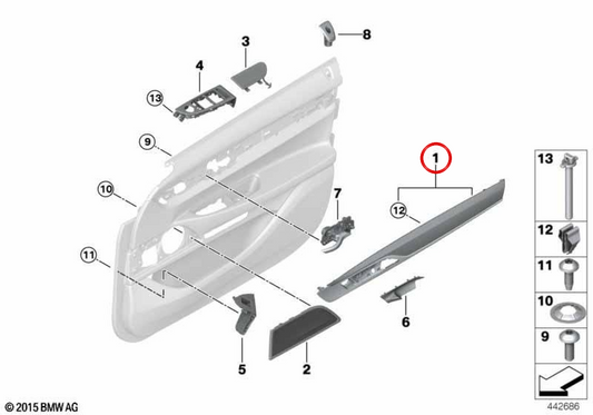 Moldura de puerta delantera derecha roble oscuro OEM 51417942240 para BMW G11, G12. Original BMW.