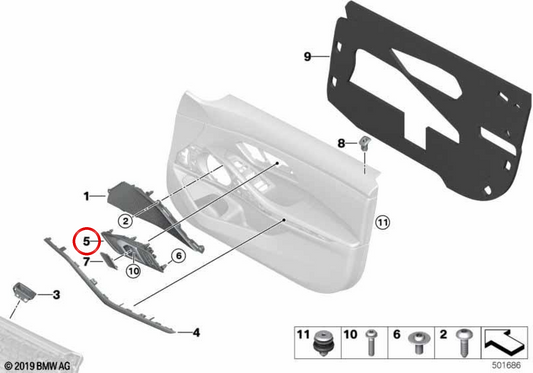 Porta sinistra in mueta interno OEM 51417945699 per BMW G20, G21, G28, G80, G81. BMW originale.