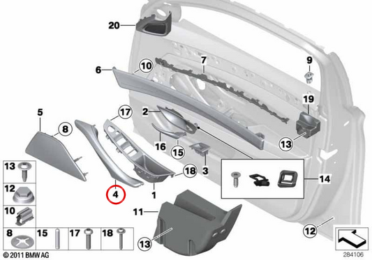 Asa de puerta interior de cuero izquierda OEM 51418050791 para BMW F10, F11. Original BMW.
