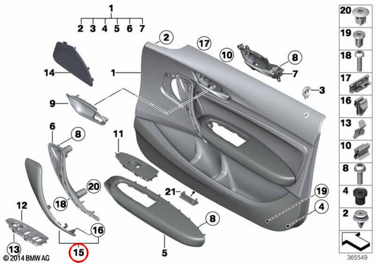 Guarnição interior direita em alumínio hexagonal OEM 51418054904 para BMW F20, F21, F22. BMW genuíno.