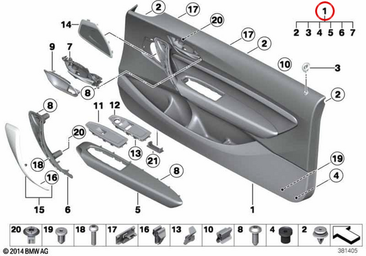Pannello della porta anteriore destra con tessuto imbottito 51418055206 per BMW F21, F22, F23. BMW originale.