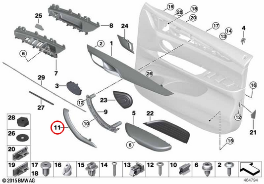 Adorno de maneta interior izquierda en cuero antracita OEM 51418059967 para BMW X5 F15, X6 F16. Original BMW.