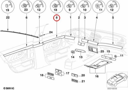 Stampaggio in legno OEM della porta d'ingresso sinistra 51418150167 per BMW E38. BMW originale.