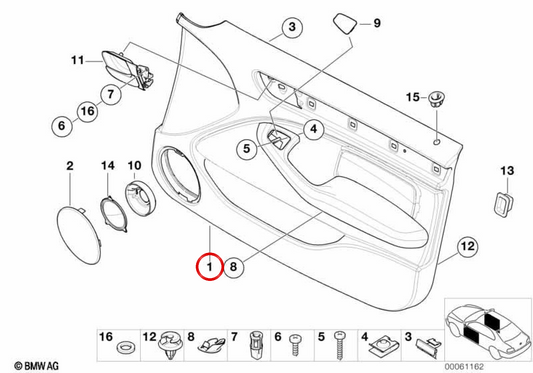 Pannello della porta anteriore destra 51418224572 per BMW E46 (316i, 318i, 320i, 323i, 325i, 328i, 330i, M3). BMW originale.
