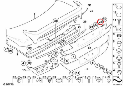 Clip with Natur OEM color washer 51418224768 for BMW E82, F20, F30, G20, X1, X3, X5, Mini R56, F56, F60 ... and more. Original BMW and Mini.
