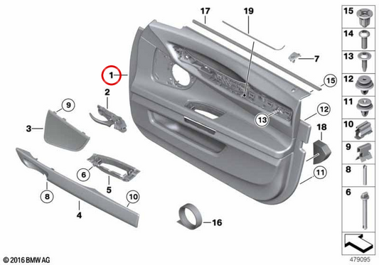 Panel interior de puerta en cuero derecho OEM 51419160812 para BMW F01, F02, F04. Original BMW.
