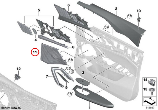 Rejilla altavoz puerta izquierda negra OEM 51419423229 para BMW X1 (U11) y BMW X2 (U10). Recambio original BMW.