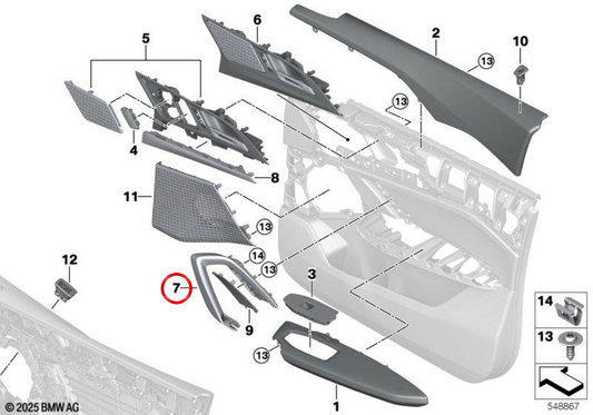 All'interno della porta sinistra ASA OEM 51419871847 per BMW X1 (U11) e X2 (U10). Compatibile con i pannelli delle porte anteriori e posteriori. BMW di riserva originale.