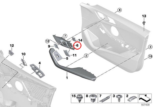 Manilla interior puerta delantera izquierda OEM 51419875695 para BMW F40, F70, F44. Original BMW.
