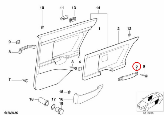 Manico della porta destra OEM 5142261136 per BMW E36 (316i, 318i, 318is, 320i, 323i, 325i, 328i, M3). BMW originale.