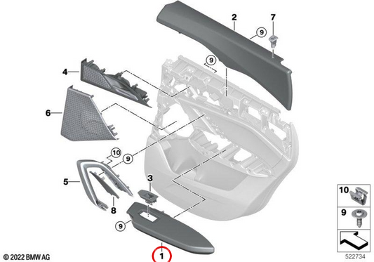 Apoio de braço traseiro esquerdo OEM 51425A2F491 para BMW U11. BMW genuíno.