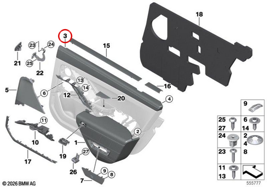 Apoio de braço traseiro esquerdo OEM 51425A31109 para BMW G70. BMW genuíno.