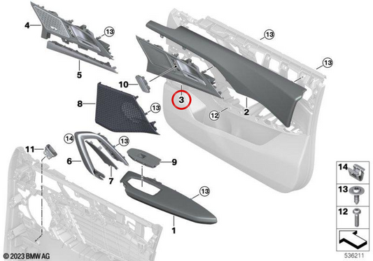 Maçaneta interna direita OEM 51425A60056 para BMW U11, U10. BMW genuíno.