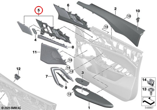 Manilla interior izquierda de puerta OEM 51425A60057 para BMW U11. Original BMW.