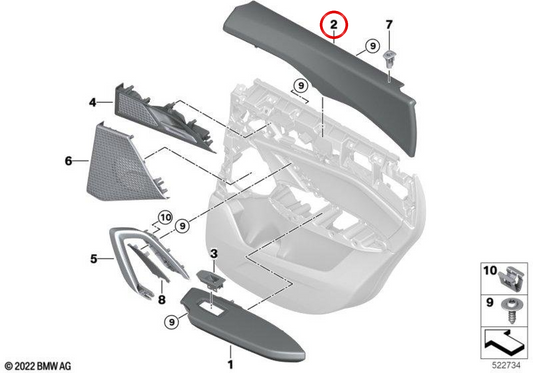 Apoio de braço traseiro direito OEM 51425A6EC74 para BMW U11. BMW genuíno.
