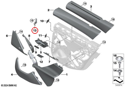 OEM 51425B35323 Supporto del nastro di conservazione a sinistra per BMW G60, G61, G68, G90. BMW originale.