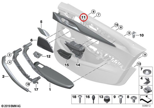 Finestra in legno di stampaggio decorativo Shiny destro OEM 51426998182 per BMW F90, G30, G31. BMW originale.