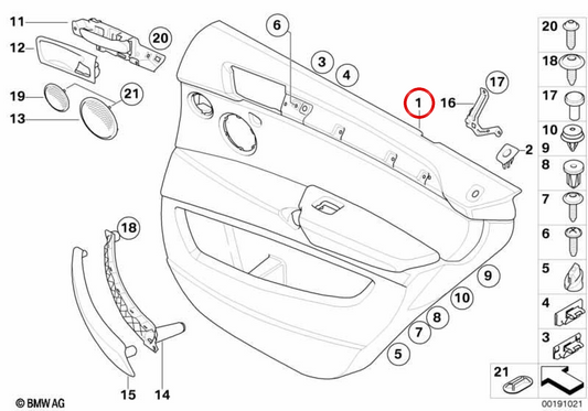 Panel de puerta trasero izquierdo en cuero OEM 51427244797 para BMW E71, E72. Original BMW.