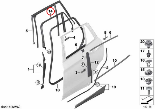 Cubierta marco de ventana puerta trasera derecha OEM 51427420866 para BMW F39. Original BMW.