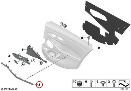 Moldura decorativa traseira esquerda OEM 51427447225 para BMW G20, G21. BMW genuíno.