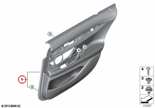 Panel de puerta trasero izquierdo en cuero OEM 51427447515 para BMW G11, G12. Original BMW.