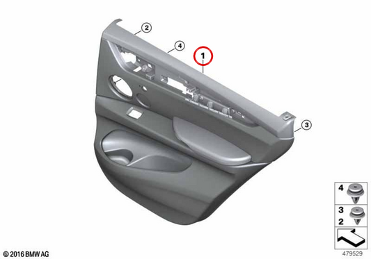 Panel de puerta trasero derecho en cuero OEM 51427484668 para BMW F16. Original BMW.