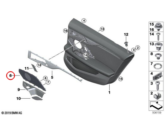Visiera per altoparlante destro OEM 51427948220 per BMW 8' G16 Gran Coupé, 840d xDrive, M850i... e altro ancora. BMW originale.