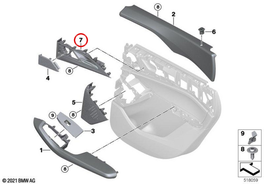 Manilla interior puerta trasera izquierda OEM 51429474959 para BMW U06. Original BMW.