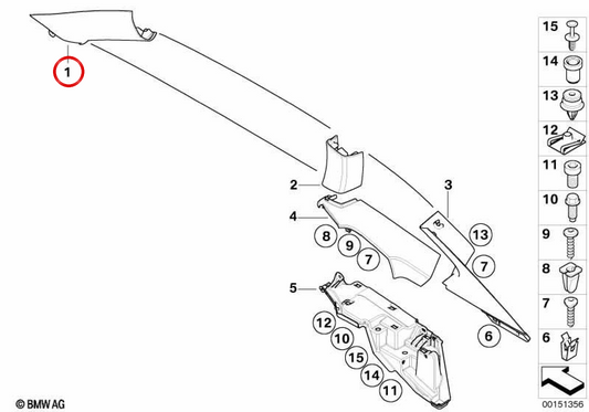 Esquerda Um Pilar Guarnição OEM 51433427327 para BMW E86. BMW genuíno.