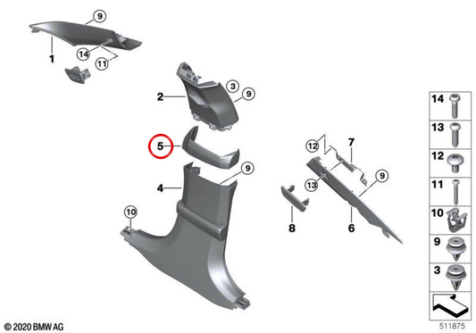 Cubierta pilar B izquierda OEM 51435A0DB53 para BMW G16. Original BMW.