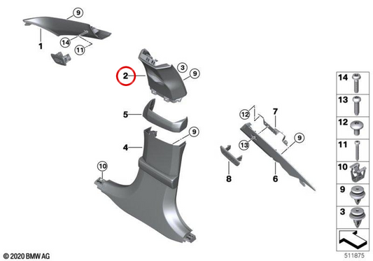 Embellient Pilar B right OEM 51435A0F0A2 for BMW G16. Original BMW.