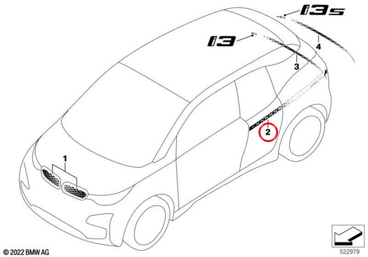 Vinyl adestivo laterale destro 51435A3CF48 per BMW I3 (I01). BMW originale.