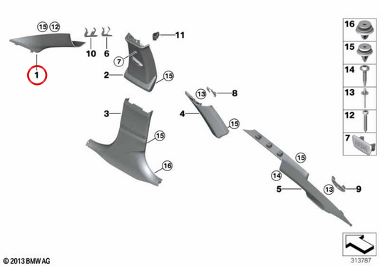 Embellecedor Pilar A Izquierdo OEM 51437305517 para BMW F34. Original BMW.