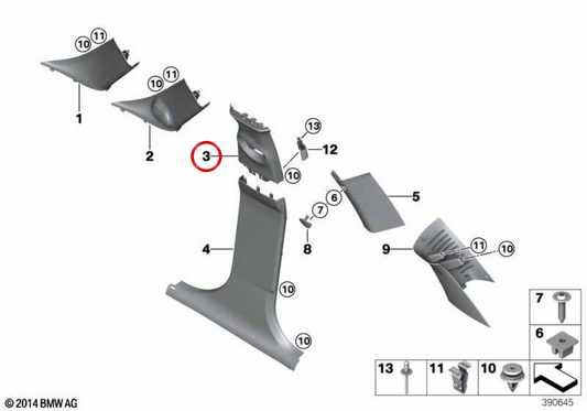 Ornement supérieur droit de montant B Satellite Grey OEM 51437371532 pour MINI F55 Cooper, Cooper LCI… et plus. Original MINI.