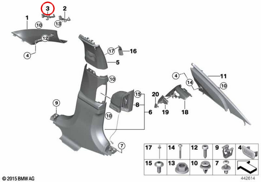 Soporte inferior del pilar A derecho OEM 51437371844 para BMW G11, G12. Original BMW.