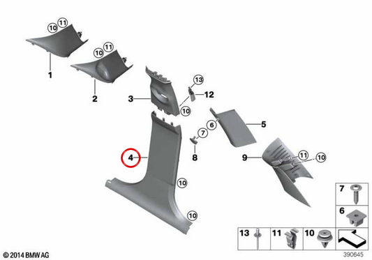 Ornement inférieur droit de montant B Satellite Grey OEM 51437398414 pour MINI F55, F55 LCI Cooper 5 portes… et plus. Original MINI.