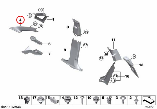 Embellecedor Pilar A Izquierdo OEM 51437398493 para BMW F46. Original BMW.
