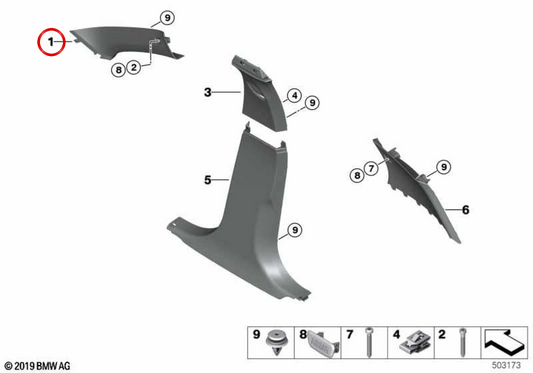Moulage Pilar OEM 51437464222 pour BMW F40, F70. BMW d'origine.