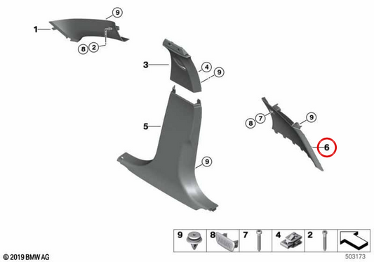 Guarnição do pilar C direito OEM 51437464304 para BMW F40, F70. BMW genuíno.